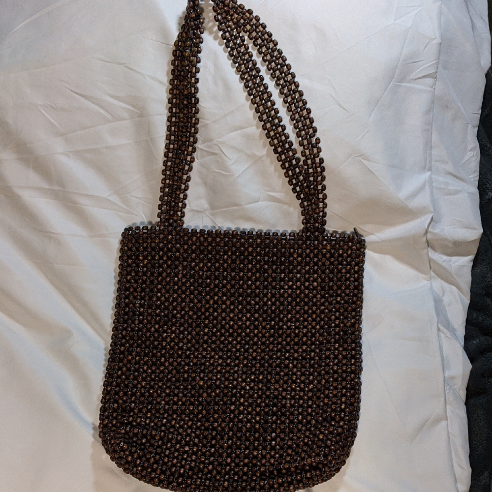 Chic Wood Beaded Brown Handbag
